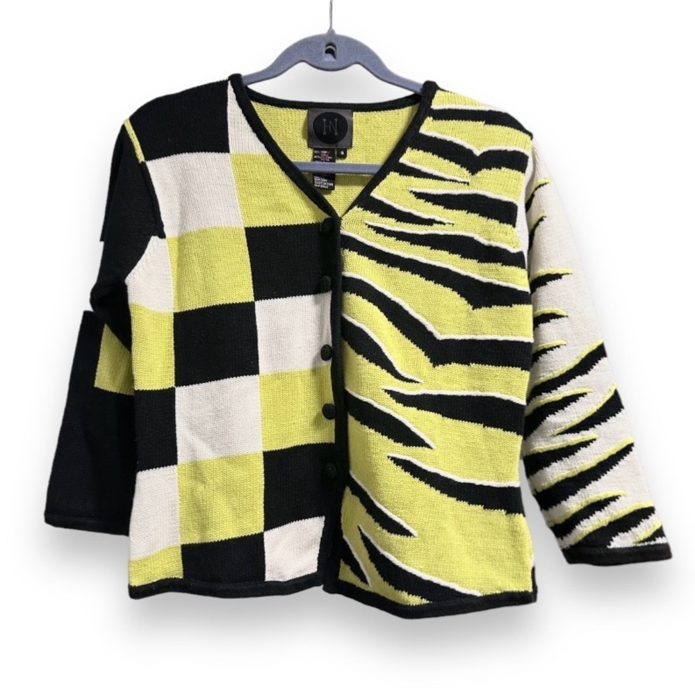 Vintage Checker Animal Print Knit Cardigan Multicolor Sweater Women’s Size Small